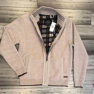 NWT Buffalo David Bitton Beige Zip-Up Sweater with Plaid Interior